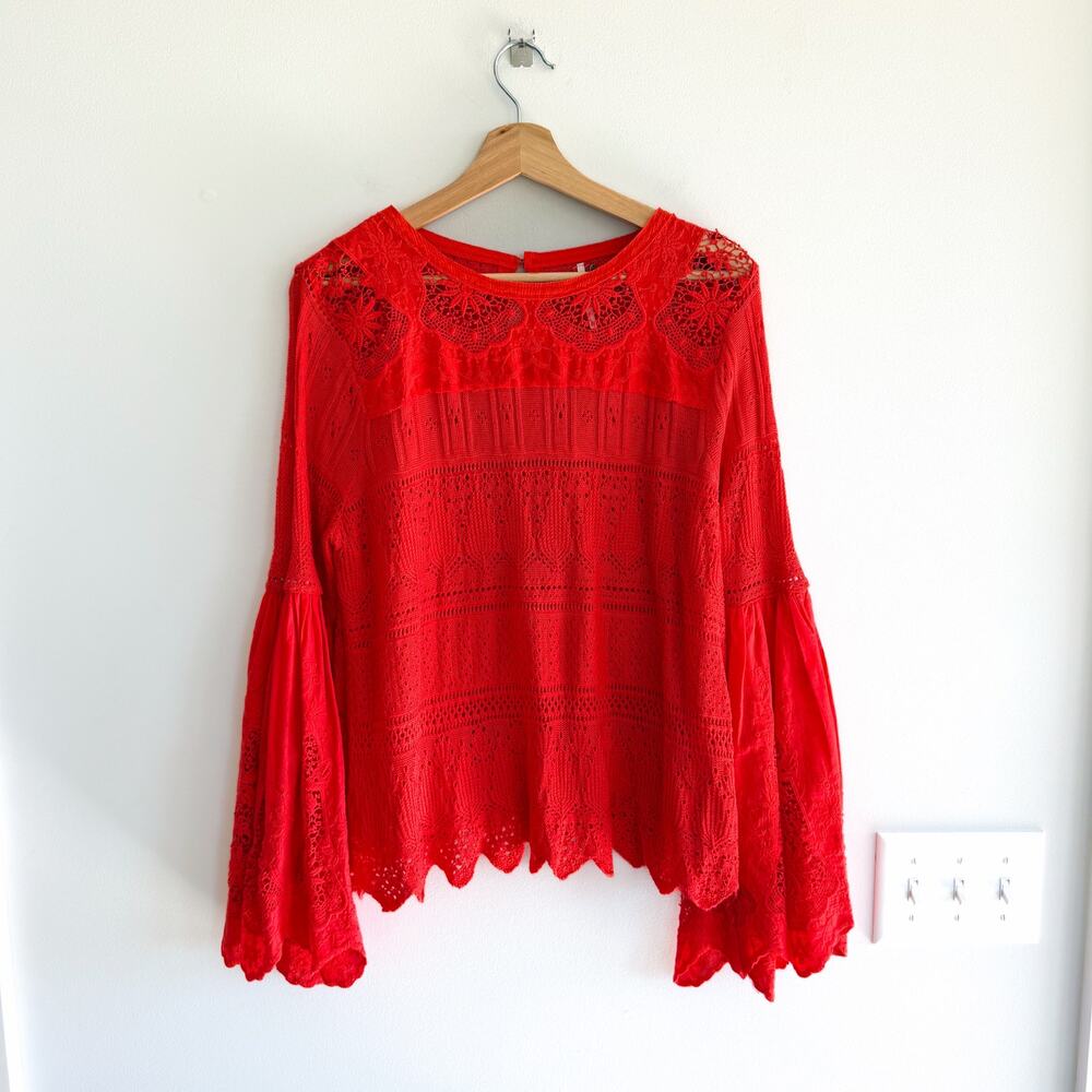 Free People Once Upon A Time Lace Bell Sleeve Blouse Red M